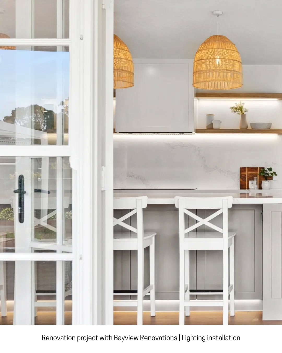 A photo of a full lighting installation for a renovation project with Bayview Renovations | Hampton style kitchen in Mt Eliza